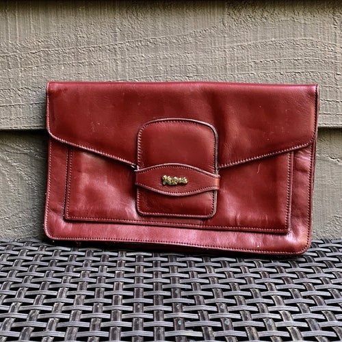 Vintage Burgundy Leather Clutch by John Romain. Envelope Style Handbag. Circa 1970. - Scotch Street Vintage