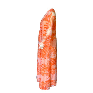 Vintage Chiffon Orange and Peach Dress with Asian Print. Flowy Scarf can be worn 4 Different Ways. - Scotch Street Vintage