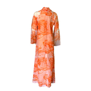 Vintage Chiffon Orange and Peach Dress with Asian Print. Flowy Scarf can be worn 4 Different Ways. - Scotch Street Vintage