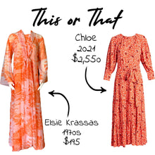 Load image into Gallery viewer, Vintage Chiffon Orange and Peach Dress with Asian Print. Flowy Scarf can be worn 4 Different Ways. - Scotch Street Vintage