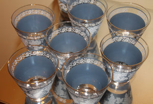 Vintage Cocktail Shaker and 8 Shot Glasses. 1960s Anchor Hocking Blue and White Grape Pattern. - Scotch Street Vintage