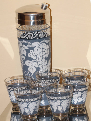 Vintage Cocktail Shaker and 8 Shot Glasses. 1960s Anchor Hocking Blue and White Grape Pattern. - Scotch Street Vintage