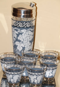 Vintage Cocktail Shaker and 8 Shot Glasses. 1960s Anchor Hocking Blue and White Grape Pattern. - Scotch Street Vintage