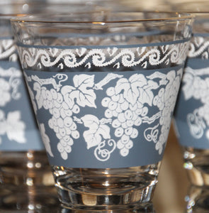 Vintage Cocktail Shaker and 8 Shot Glasses. 1960s Anchor Hocking Blue and White Grape Pattern. - Scotch Street Vintage
