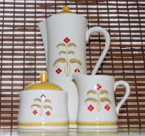 Vintage Coffee Server with Matching Cream and Sugar Set. 1970. Cream with yellow and red floral design. - Scotch Street Vintage