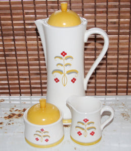 Vintage Coffee Server with Matching Cream and Sugar Set. 1970. Cream with yellow and red floral design. - Scotch Street Vintage