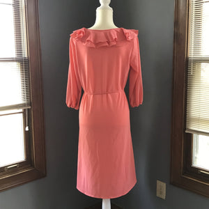 Vintage Coral Dress with Ruffled Neckline by Saks Fifth Avenue. Perfect Summer Dress. - Scotch Street Vintage