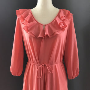Vintage Coral Dress with Ruffled Neckline by Saks Fifth Avenue. Perfect Summer Dress. - Scotch Street Vintage