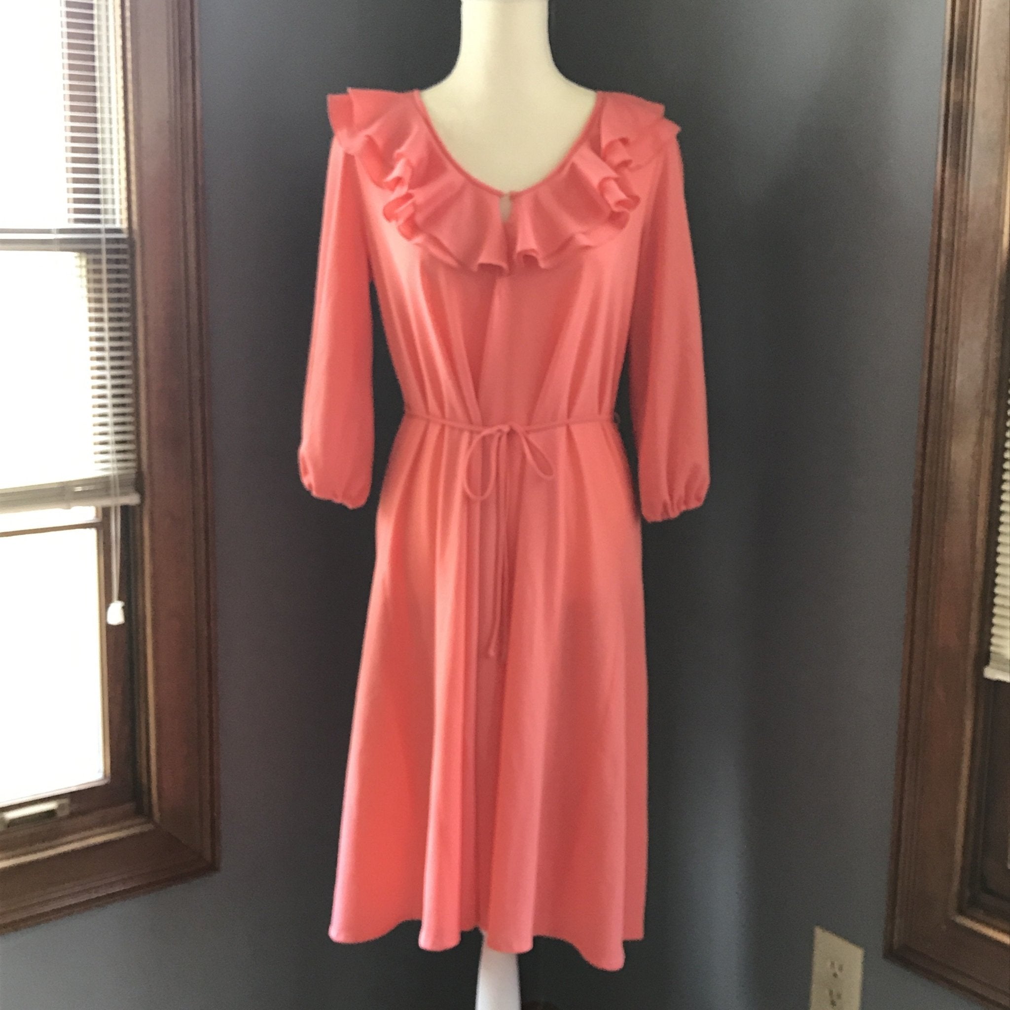 Vintage Coral Dress with Ruffled Neckline by Saks Fifth Avenue. Perfec