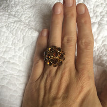 Load image into Gallery viewer, Vintage Costume Ring in Gold Tone Metal with a Cluster of Orange Rhinestones in a Ball Shape. Statement Ring. Fun Jewelry. Costume Jewelry. - Scotch Street Vintage