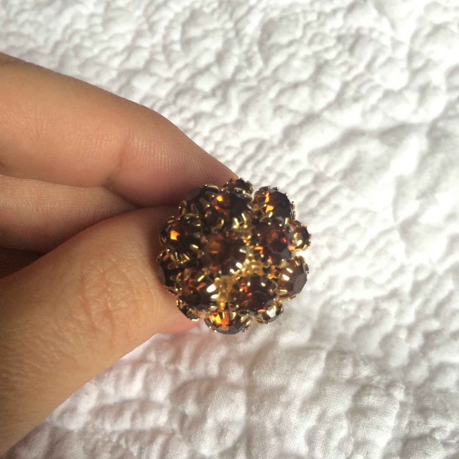 Vintage Costume Ring in Gold Tone Metal with a Cluster of Orange Rhine