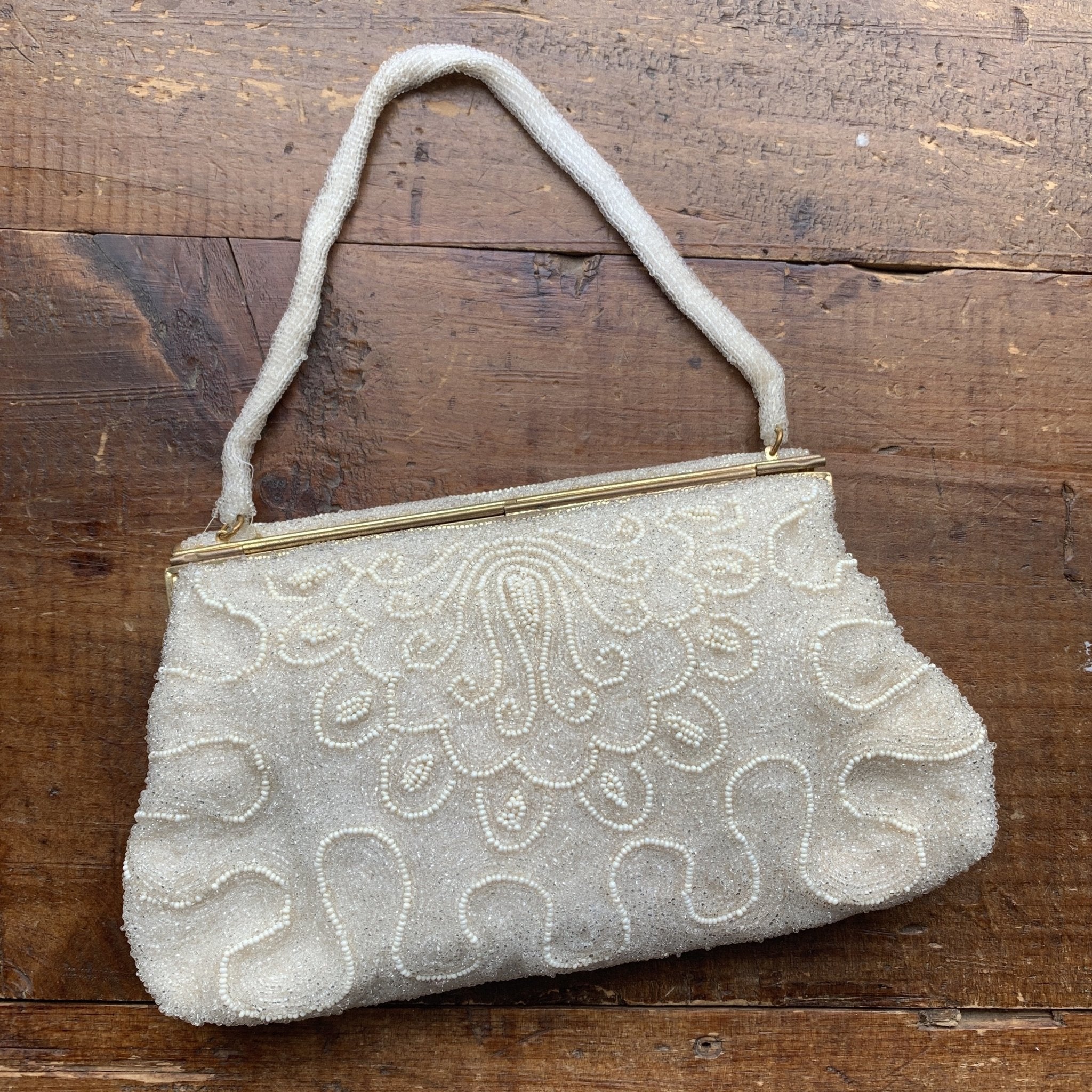 Vintage Cream Beaded Clutch from France. Formal Evening Bag. 1940s Sus