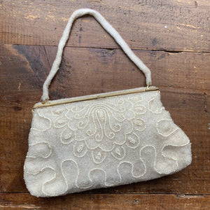 1950s Clutch Handbag Cream White Hand-Beaded Evening Bag by