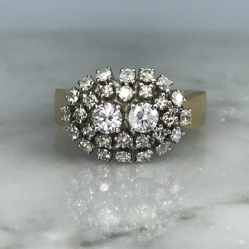 Vintage Diamond Cluster Cocktail Ring in 14K Gold. Unique Engagement Ring. April Birthstone. - Scotch Street Vintage