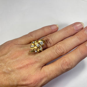 Vintage Diamond Cluster Ring with Old Hollywood Glamour. 14K Yellow Gold Setting with a Ribbon Design. - Scotch Street Vintage