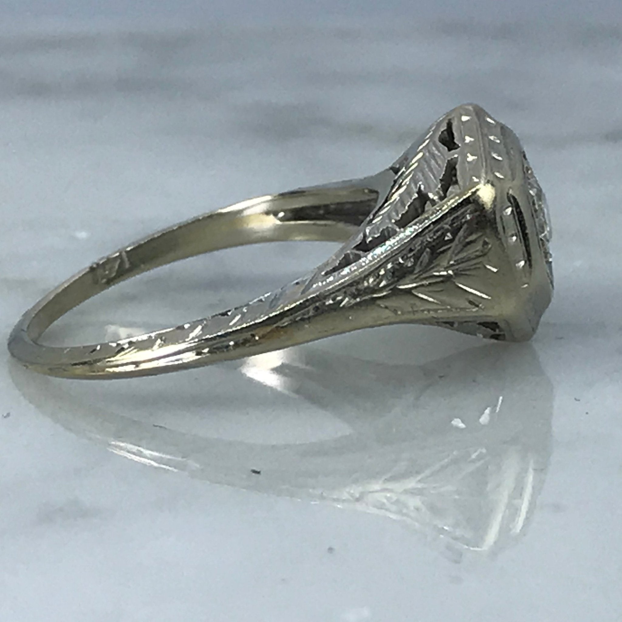 Vintage Diamond Engagement Ring. 14K Gold Filigree Setting. April Birt