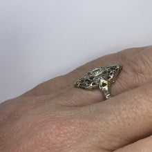 Load image into Gallery viewer, Vintage Diamond Shield Ring in a 14K White Gold Art Nouveau Filigree Setting. Unique Engagement Ring. - Scotch Street Vintage