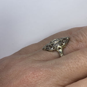 Vintage Diamond Shield Ring in a 14K White Gold Art Nouveau Filigree Setting. Unique Engagement Ring. - Scotch Street Vintage