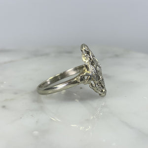 Vintage Diamond Shield Ring in a 14K White Gold Art Nouveau Filigree Setting. Unique Engagement Ring. - Scotch Street Vintage