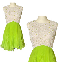 Load image into Gallery viewer, Vintage Elegant Green Chiffon Dress by Miss Elliette. Daisy Flower Beaded Bodice. Micro Pleated Skirt. - Scotch Street Vintage