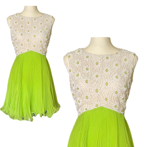 Vintage Elegant Green Chiffon Dress by Miss Elliette. Daisy Flower Beaded Bodice. Micro Pleated Skirt. - Scotch Street Vintage