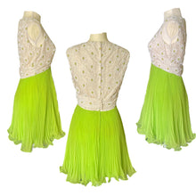 Load image into Gallery viewer, Vintage Elegant Green Chiffon Dress by Miss Elliette. Daisy Flower Beaded Bodice. Micro Pleated Skirt. - Scotch Street Vintage