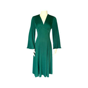 Vintage Emerald Green by Edith Flagg with Flouted Sleeves in Mini Pleats. 1970s Fashion. - Scotch Street Vintage