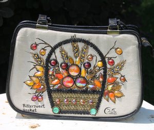 Vintage Enid Collins Clutch / Purse / Handbag Titled Bittersweet Basket with Brown Amber and Orange Jewel Embellished Floral Design. Fashion - Scotch Street Vintage