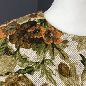 Vintage Floral Dress by Edith Flagg. Jacquard Sheath Dress. Flowers in Green, Cream, Orange, Brown. - Scotch Street Vintage