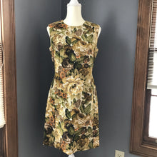 Load image into Gallery viewer, Vintage Floral Dress by Edith Flagg. Jacquard Sheath Dress. Flowers in Green, Cream, Orange, Brown. - Scotch Street Vintage