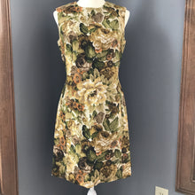 Load image into Gallery viewer, Vintage Floral Dress by Edith Flagg. Jacquard Sheath Dress. Flowers in Green, Cream, Orange, Brown. - Scotch Street Vintage