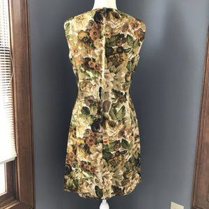 Vintage Floral Dress by Edith Flagg. Jacquard Sheath Dress. Flowers in Green, Cream, Orange, Brown. - Scotch Street Vintage