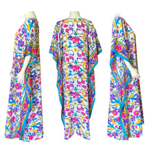 Load image into Gallery viewer, Vintage Floral Kaftan Scarf Dress in Bright Yellows Blues Pinks and Greens by Ruth Norman. - Scotch Street Vintage