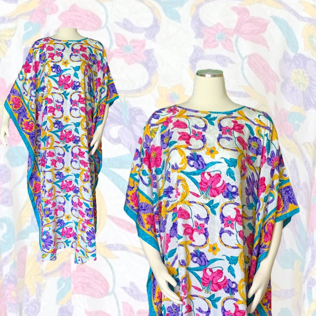 Vintage Floral Kaftan Scarf Dress in Bright Yellows Blues Pinks and Greens by Ruth Norman. - Scotch Street Vintage