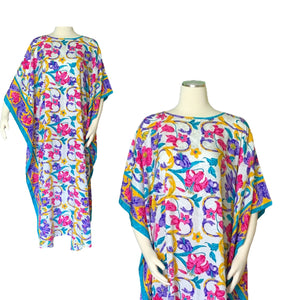 Vintage Floral Kaftan Scarf Dress in Bright Yellows Blues Pinks and Greens by Ruth Norman. - Scotch Street Vintage