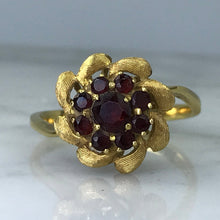 Load image into Gallery viewer, Vintage Garnet Cluster Ring. 18k Yellow Gold. Floral Design. January Birthstone. 2 Year Anniversary. - Scotch Street Vintage