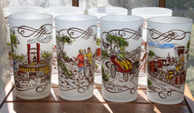 Load image into Gallery viewer, Vintage Glassware 1950&#39;s Currier and Ives Frosted Tall Tumbler Glasses with Painted Scenes and Caddy - Scotch Street Vintage
