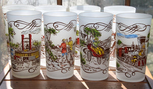 Vintage Glassware 1950's Currier and Ives Frosted Tall Tumbler Glasses with Painted Scenes and Caddy - Scotch Street Vintage