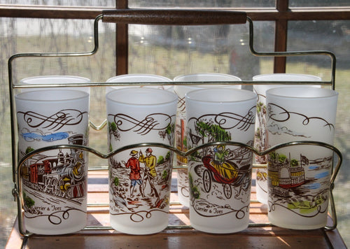 Vintage Glassware 1950's Currier and Ives Frosted Tall Tumbler Glasses with Painted Scenes and Caddy - Scotch Street Vintage