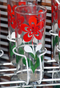 Vintage Glassware 1960s Tall Tumbler Glasses. White Red and Green Floral Design and White Caddy. - Scotch Street Vintage