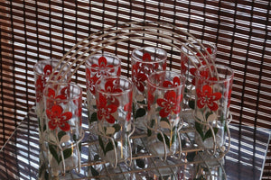 Vintage Glassware 1960s Tall Tumbler Glasses. White Red and Green Floral Design and White Caddy. - Scotch Street Vintage