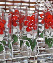 Load image into Gallery viewer, Vintage Glassware 1960s Tall Tumbler Glasses. White Red and Green Floral Design and White Caddy. - Scotch Street Vintage