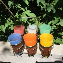 Load image into Gallery viewer, Vintage Glassware Frosted Multi Color Tumbler Glasses with Bamboo Wrap and Gold Caddy. Barware. - Scotch Street Vintage