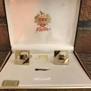 Vintage Gold Tone Genuine Tigers Eye Cufflinks by Foster. Gift for Him. Grooms Gift. Cuff Links. - Scotch Street Vintage