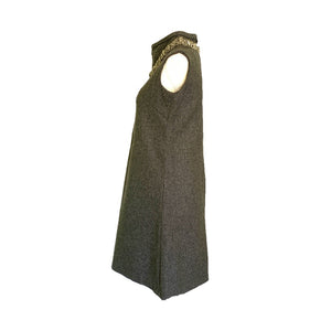 Vintage Gray Wool A-Line Dress Perfect for Fall. Sleeveless Sheath Dress with Trim Neckline. - Scotch Street Vintage