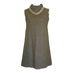 Vintage Gray Wool A-Line Dress Perfect for Fall. Sleeveless Sheath Dress with Trim Neckline. - Scotch Street Vintage