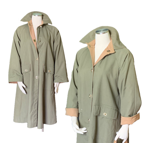 Vintage Green Trench Coat by Bonnie Cashin with Tan Wool Lining. Oversized Utilitarian Style. - Scotch Street Vintage