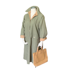 Load image into Gallery viewer, Vintage Green Trench Coat by Bonnie Cashin with Tan Wool Lining. Oversized Utilitarian Style. - Scotch Street Vintage