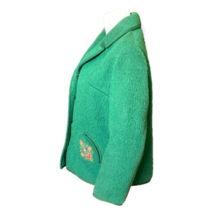 Vintage Green Wool Jacket with Embroidered Flowers from Germany. Waterproof Wool Perfect for Spring! - Scotch Street Vintage