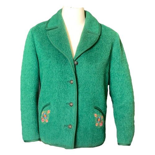 Vintage Green Wool Jacket with Embroidered Flowers from Germany. Waterproof Wool Perfect for Spring! - Scotch Street Vintage